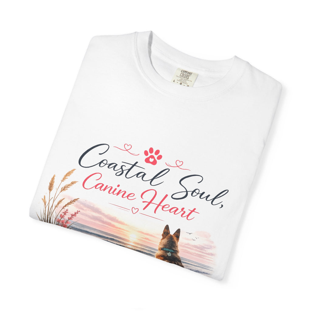 Coastal Soul Canine Heart T-shirt | Beach Dog Sunset Design