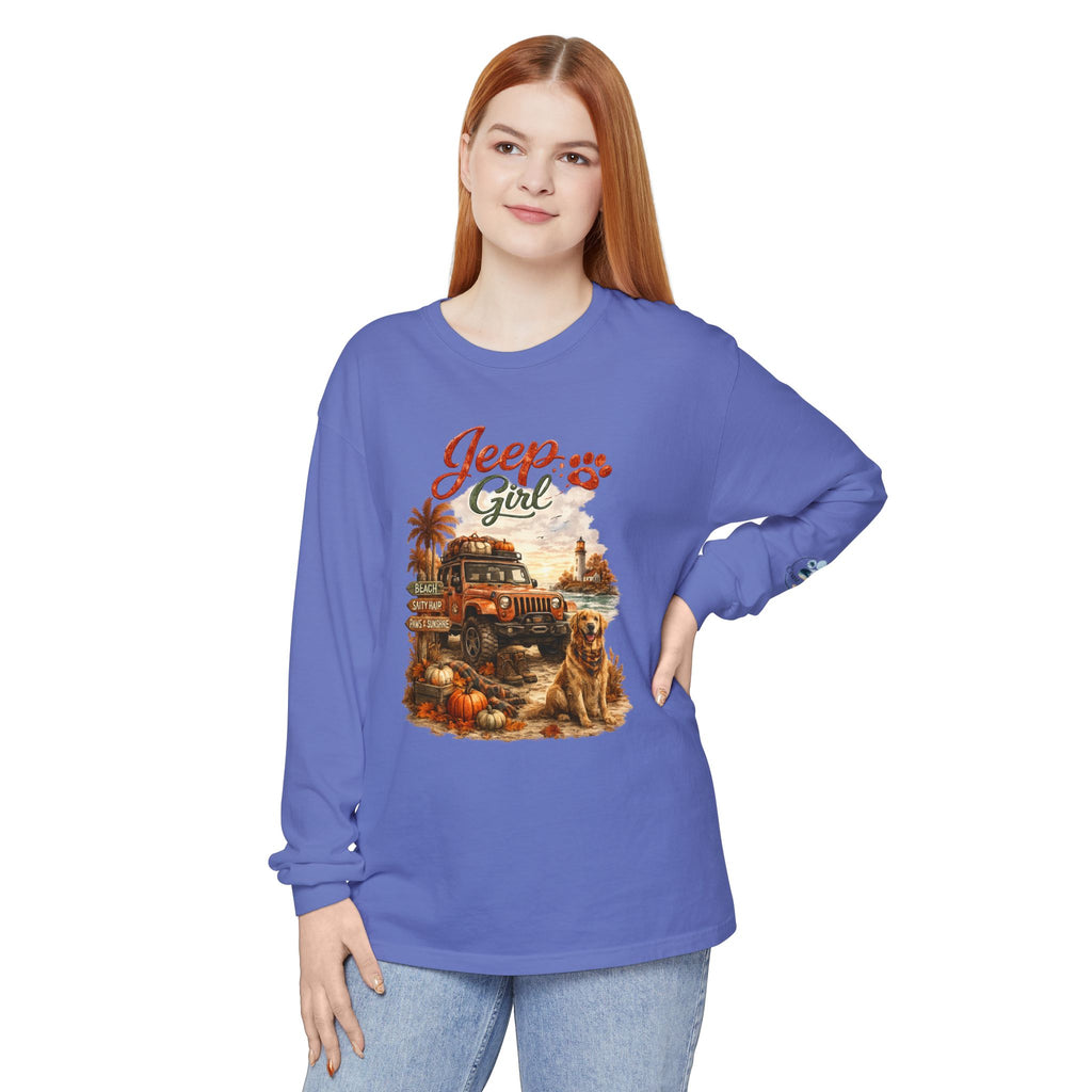 Jeep Girl Long Sleeve Tee — Fall Adventure Pumpkins & Dog Graphic