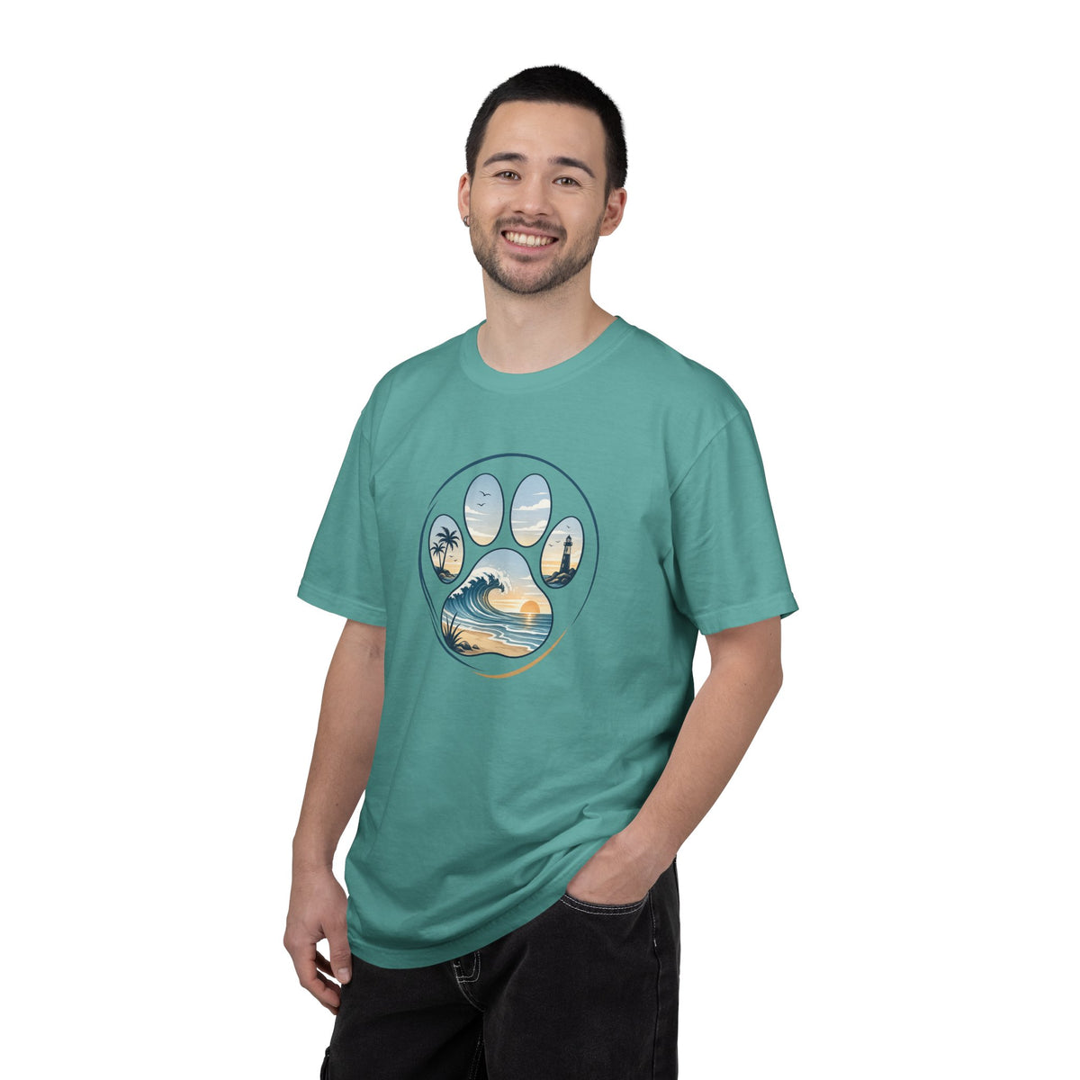 Ocean Paw Surf T-Shirt — Beach Sunset Paw Print Tee