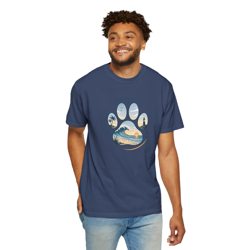 Ocean Paw Surf T-Shirt — Beach Sunset Paw Print Tee