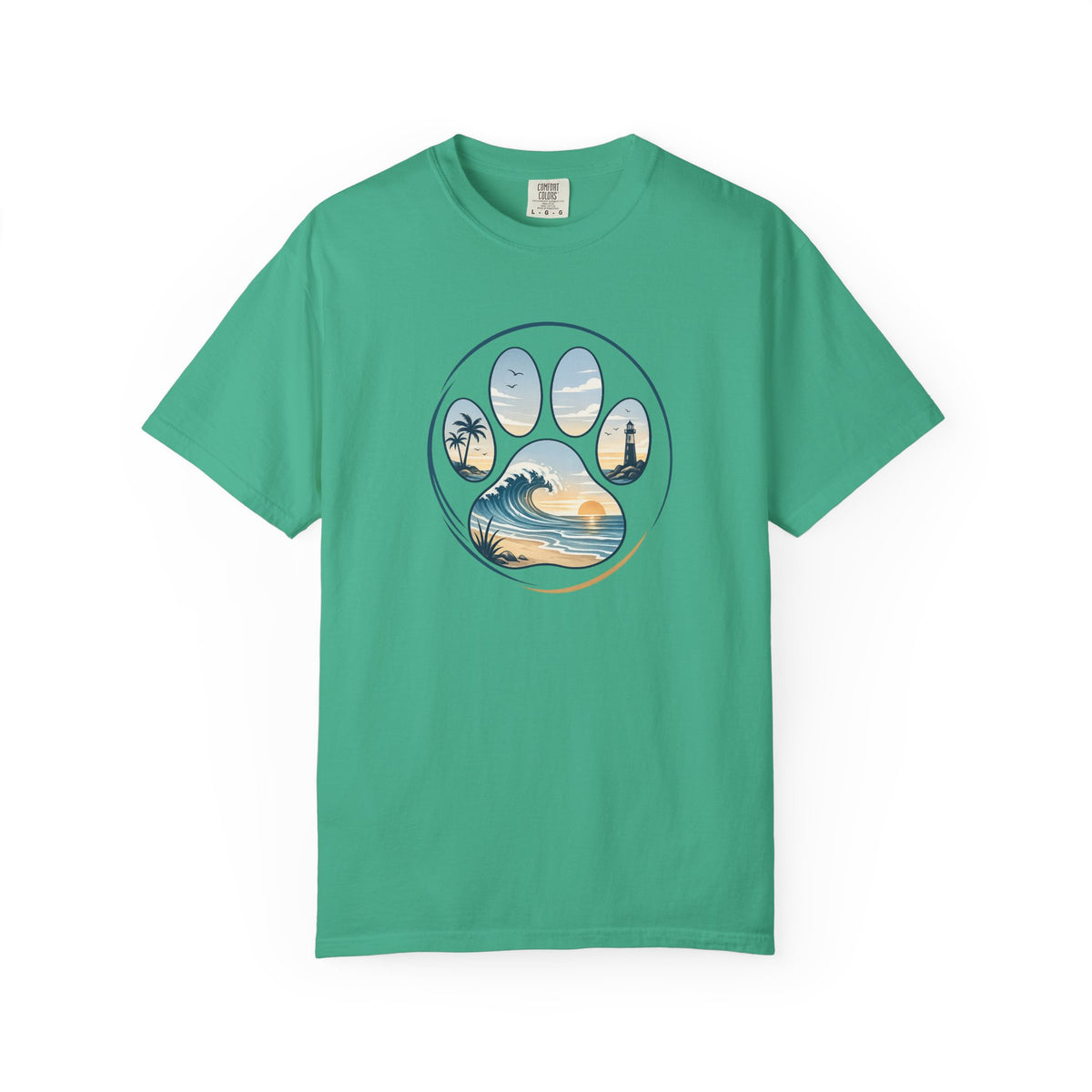 Ocean Paw Surf T-Shirt — Beach Sunset Paw Print Tee