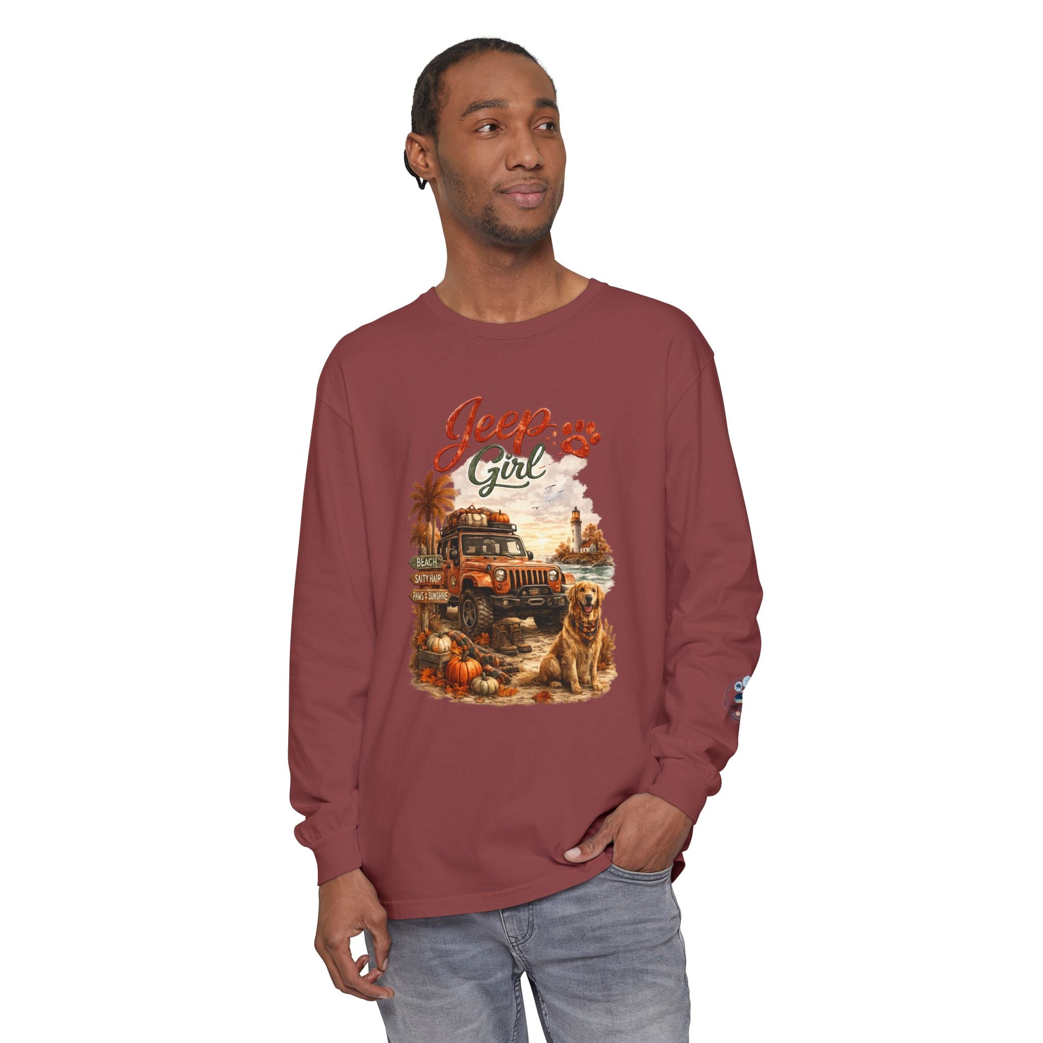 Jeep Girl Long Sleeve Tee — Fall Adventure Pumpkins & Dog Graphic
