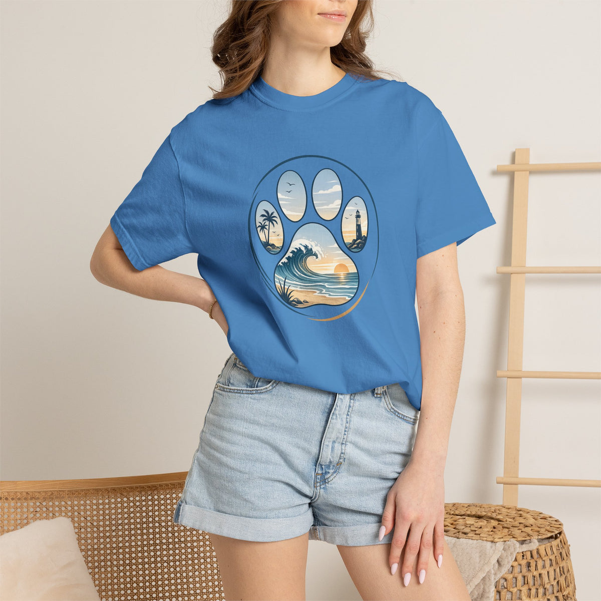 Ocean Paw Surf T-Shirt — Beach Sunset Paw Print Tee
