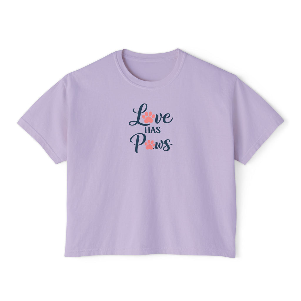 Love Has Paws Boxy Tee — Women’s Cute Cat & Dog Paw Comfort Colors Graphic Shirt