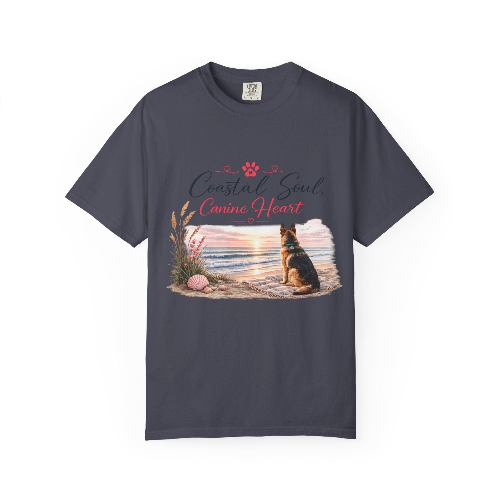 Coastal Soul Canine Heart T-shirt | Beach Dog Sunset Design