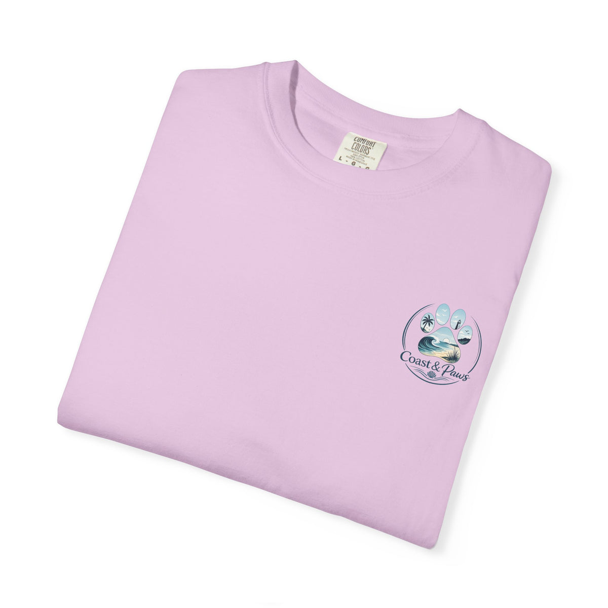 Paws Tides & Good Vibes T-Shirt | Beach Dog Paw Print Coastal Scene