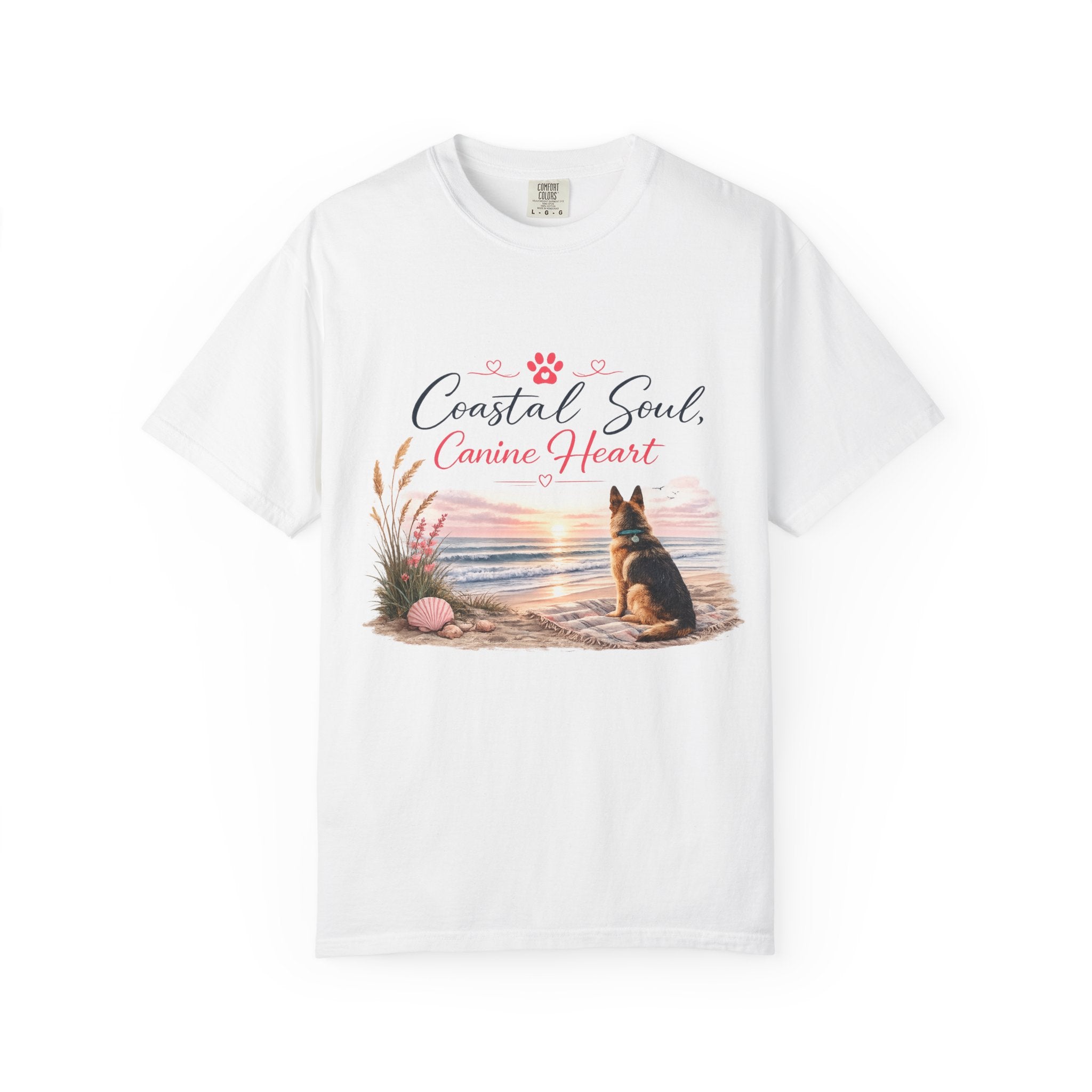 Coastal Soul Canine Heart T-shirt | Beach Dog Sunset Design