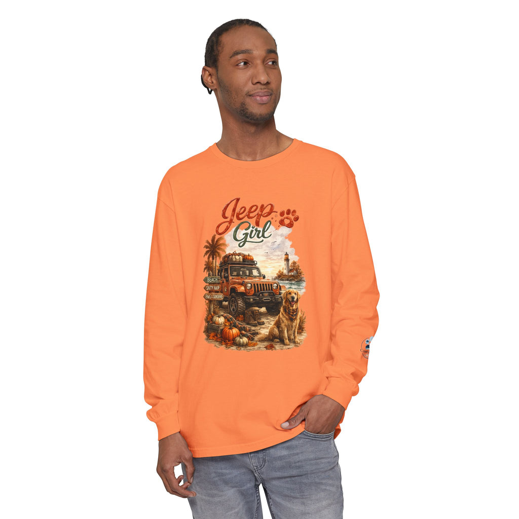 Jeep Girl Long Sleeve Tee — Fall Adventure Pumpkins & Dog Graphic