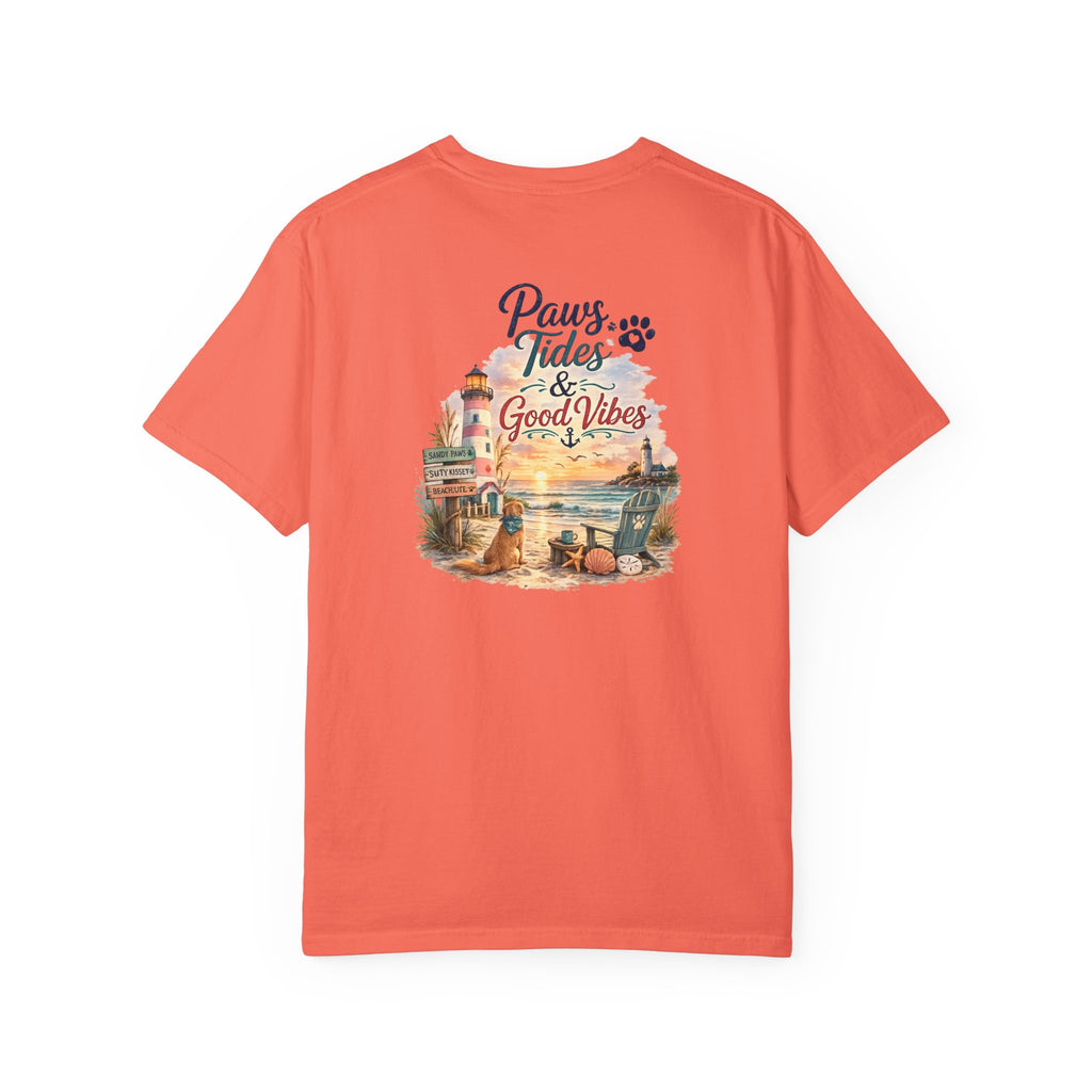 Paws Tides & Good Vibes T-Shirt | Beach Dog Paw Print Coastal Scene