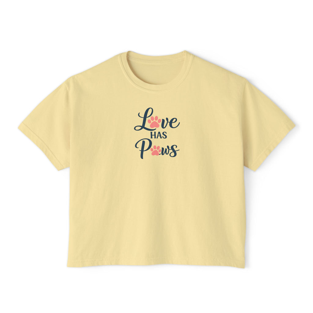 Love Has Paws Boxy Tee — Women’s Cute Cat & Dog Paw Comfort Colors Graphic Shirt