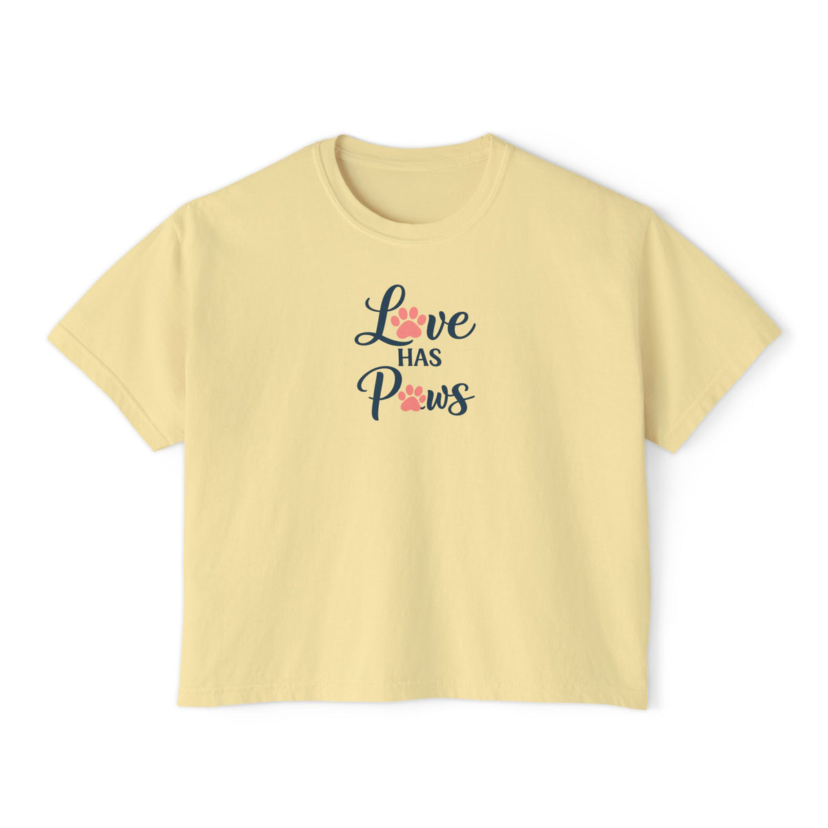 Love Has Paws Boxy Tee — Women’s Cute Cat & Dog Paw Comfort Colors Graphic Shirt