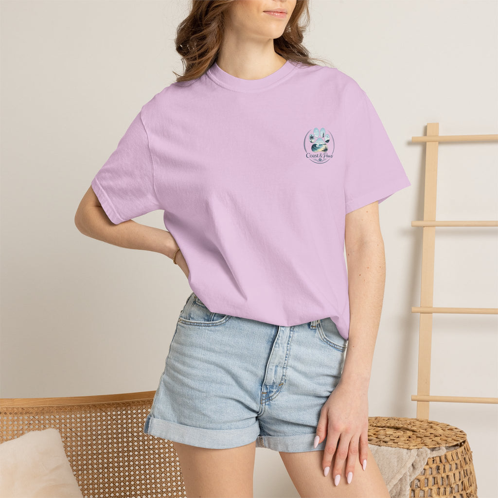 Paws Tides & Good Vibes T-Shirt | Beach Dog Paw Print Coastal Scene