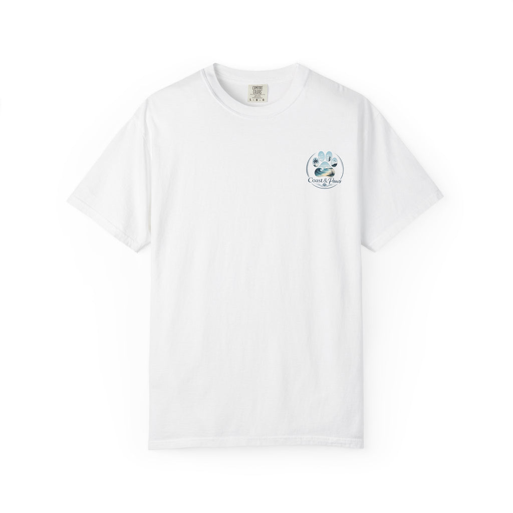 Paws Tides & Good Vibes T-Shirt | Beach Dog Paw Print Coastal Scene