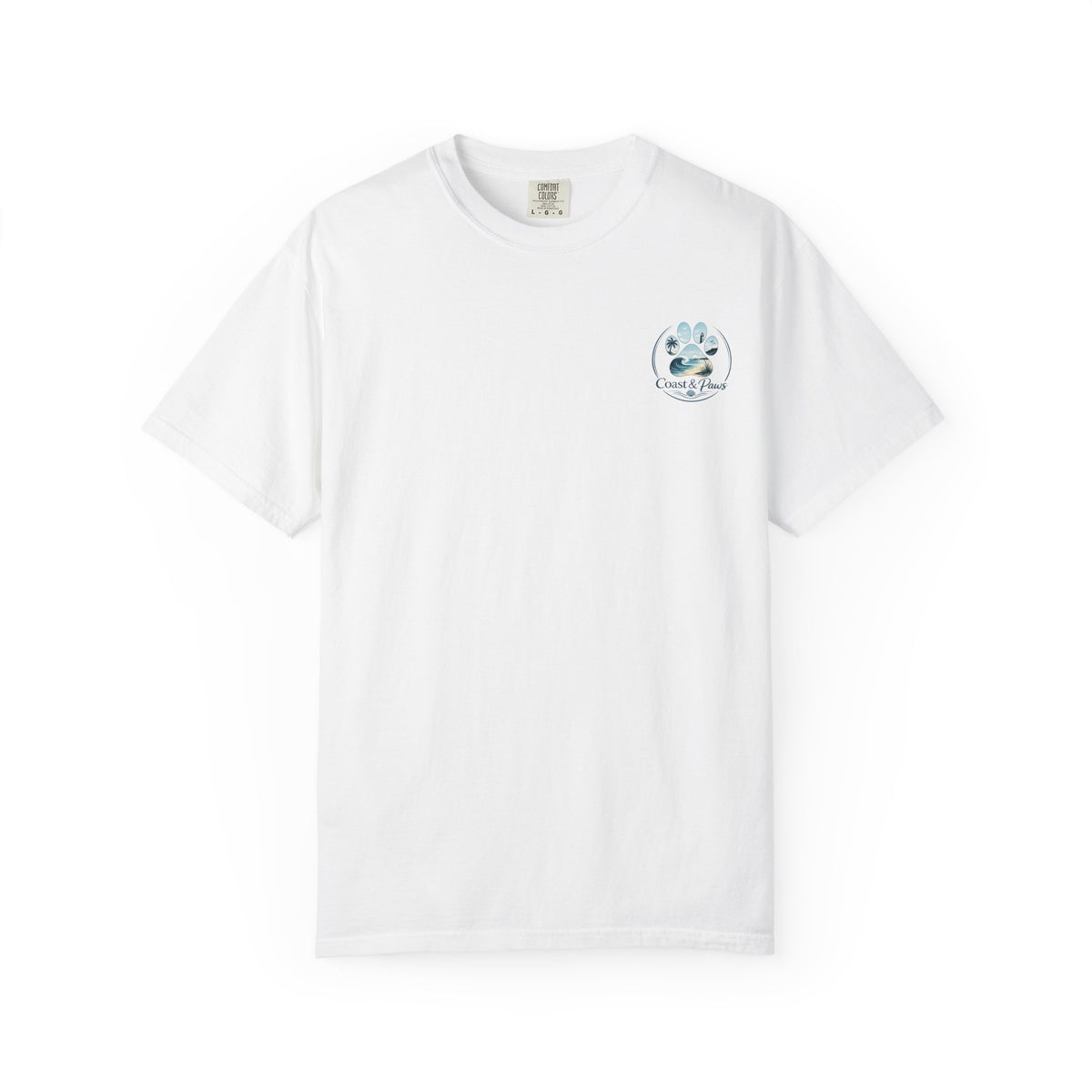 Paws Tides & Good Vibes T-Shirt | Beach Dog Paw Print Coastal Scene