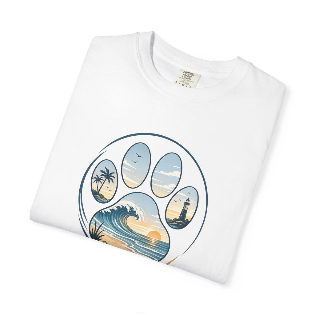 Ocean Paw Surf T-Shirt — Beach Sunset Paw Print Tee
