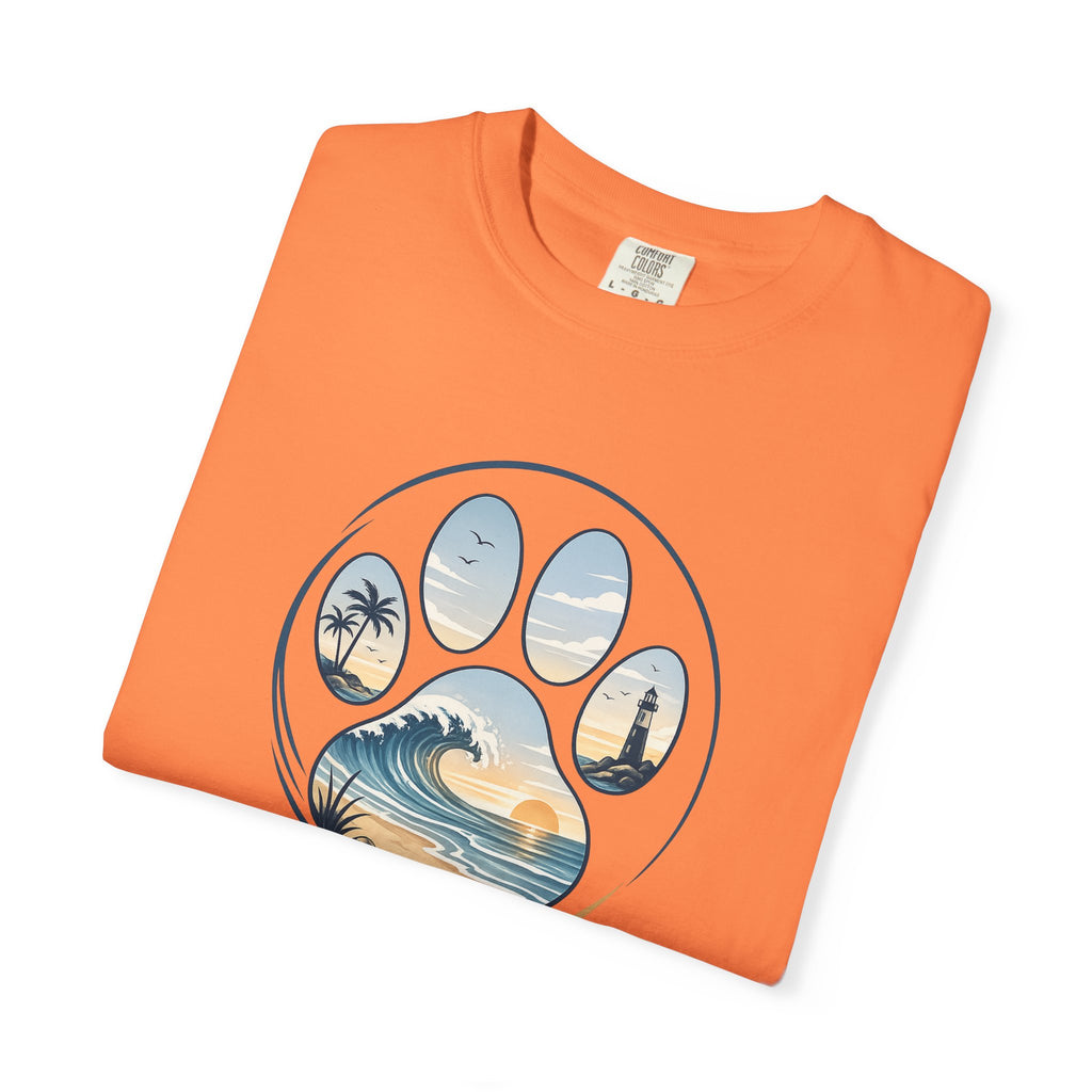 Ocean Paw Surf T-Shirt — Beach Sunset Paw Print Tee