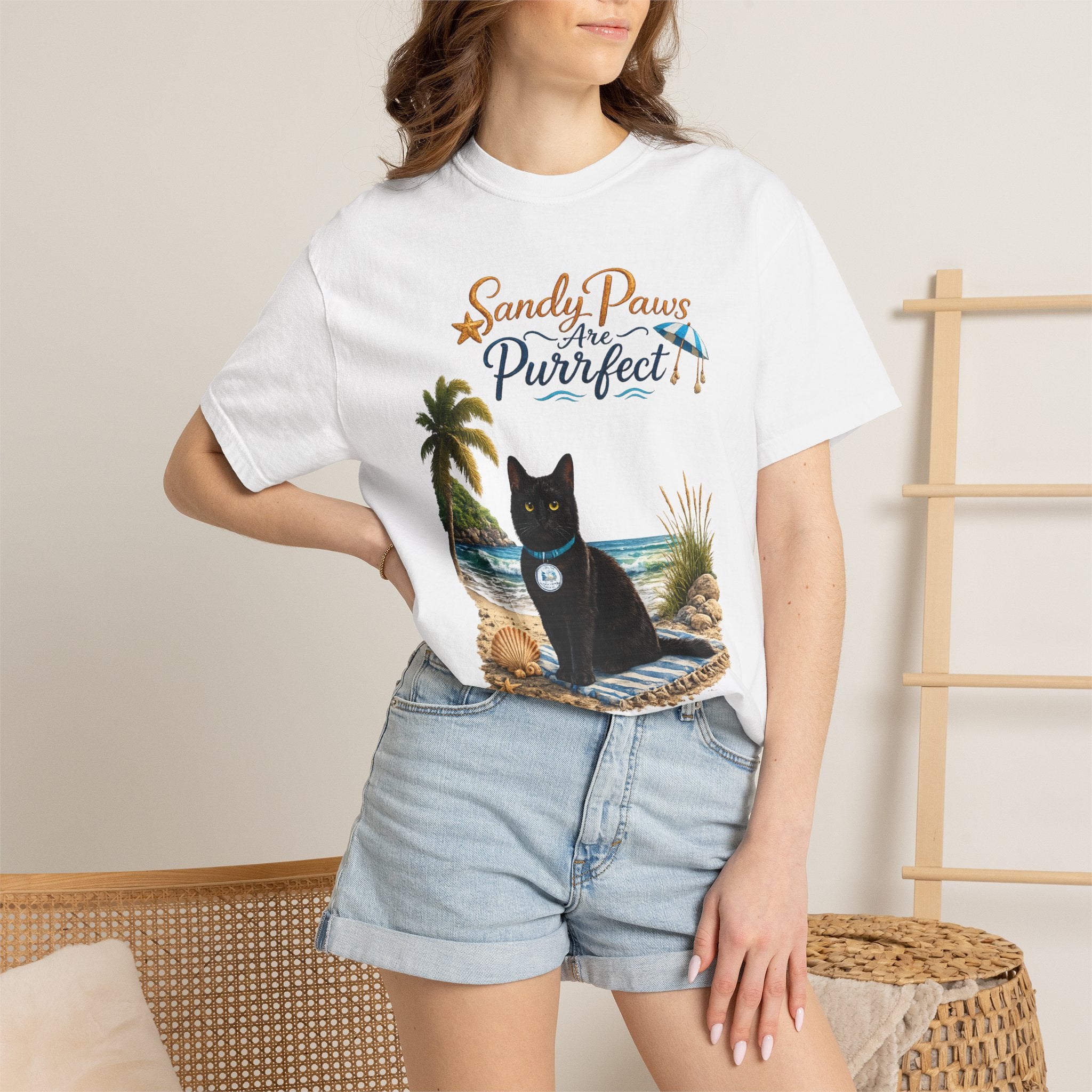 Sandy Paws Are Purrfect - Comfort Colors Unisex Garment Dyed Cat Beach T-Shirt