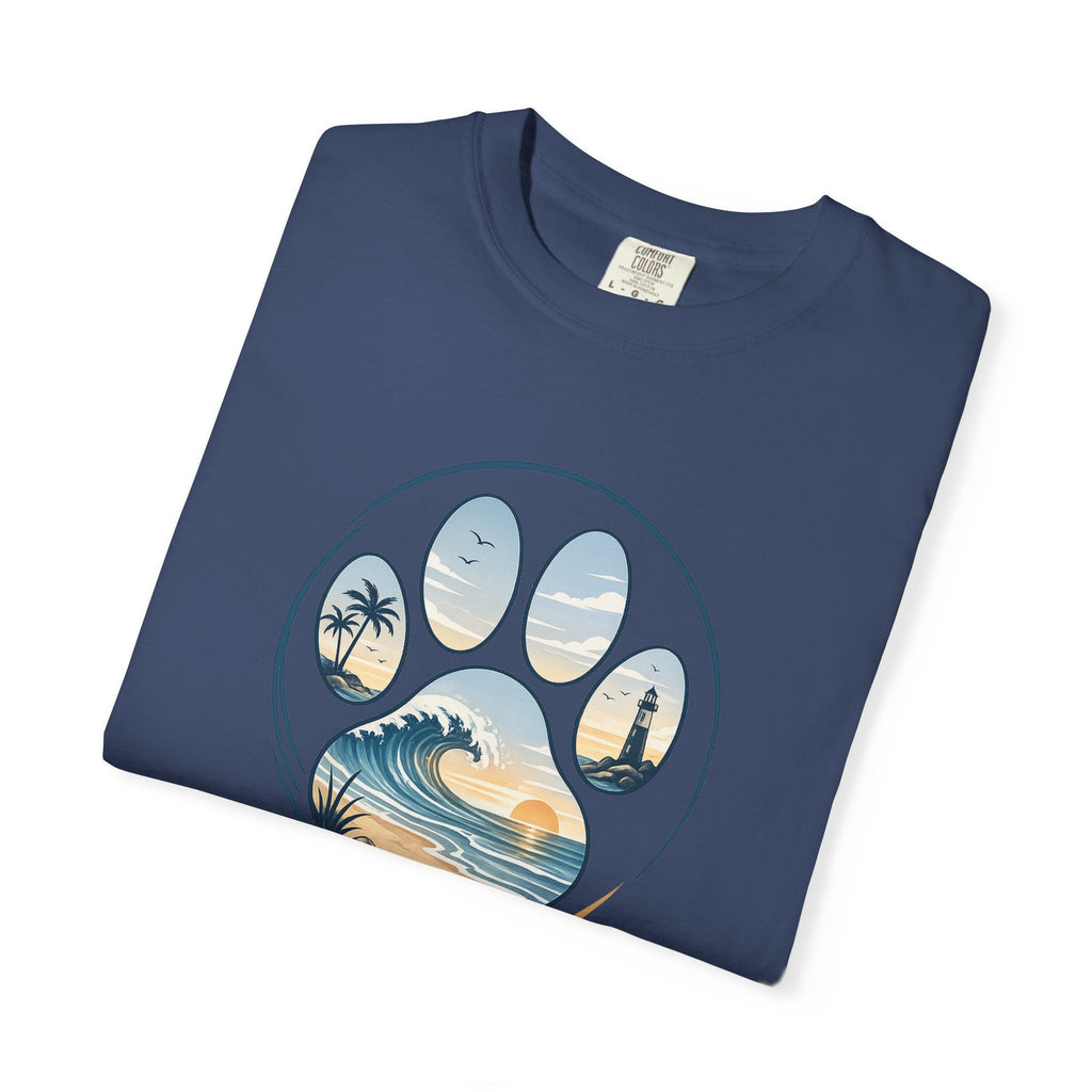 Ocean Paw Surf T-Shirt — Beach Sunset Paw Print Tee