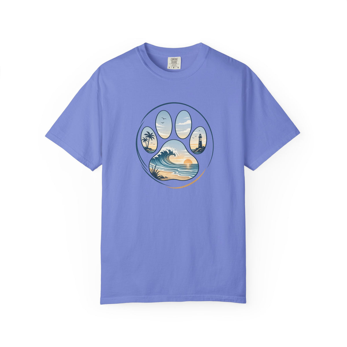Ocean Paw Surf T-Shirt — Beach Sunset Paw Print Tee