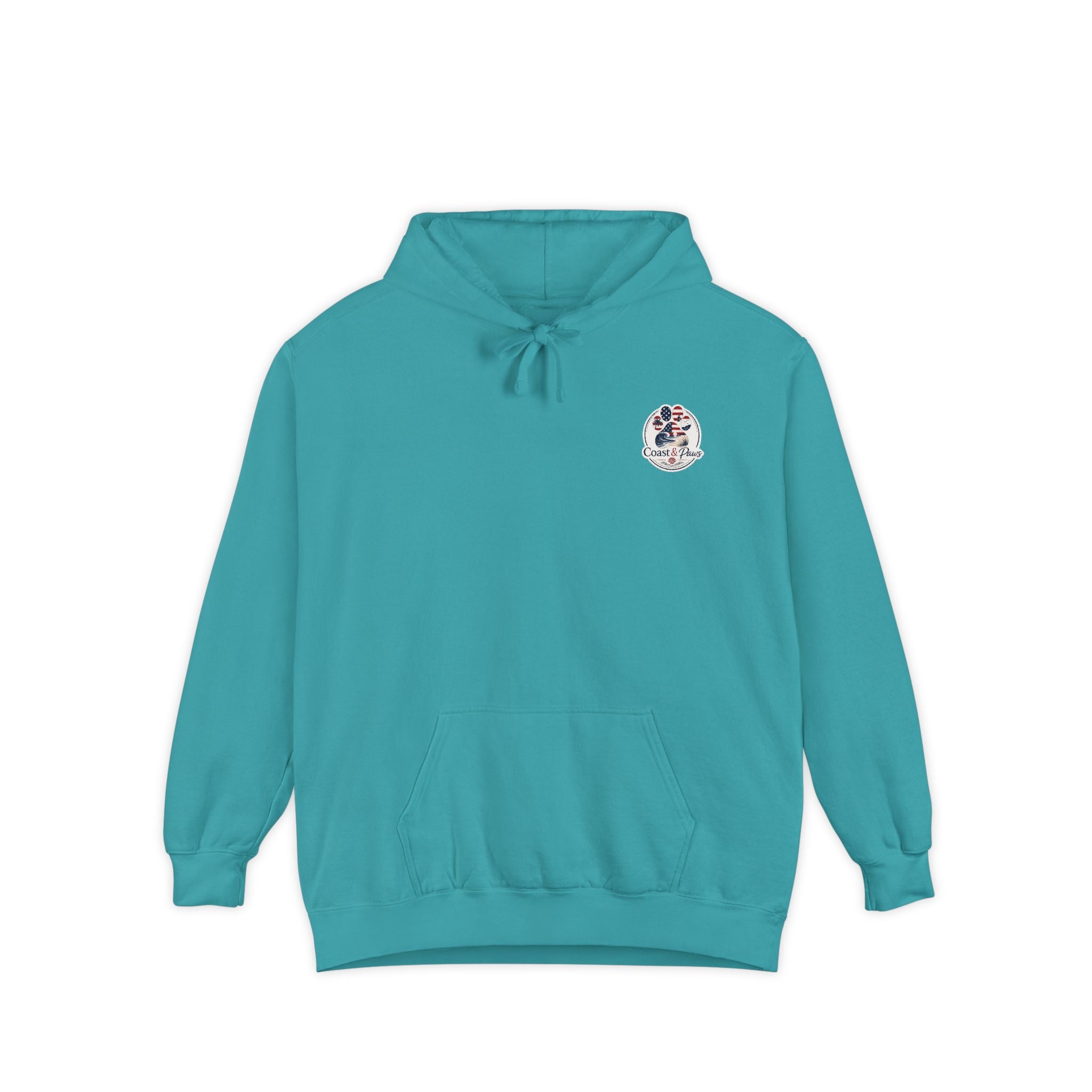 Patriotic Signature Coast & Paws Hoodie — Small Left-Chest Graphic, Cozy Casual Pullover