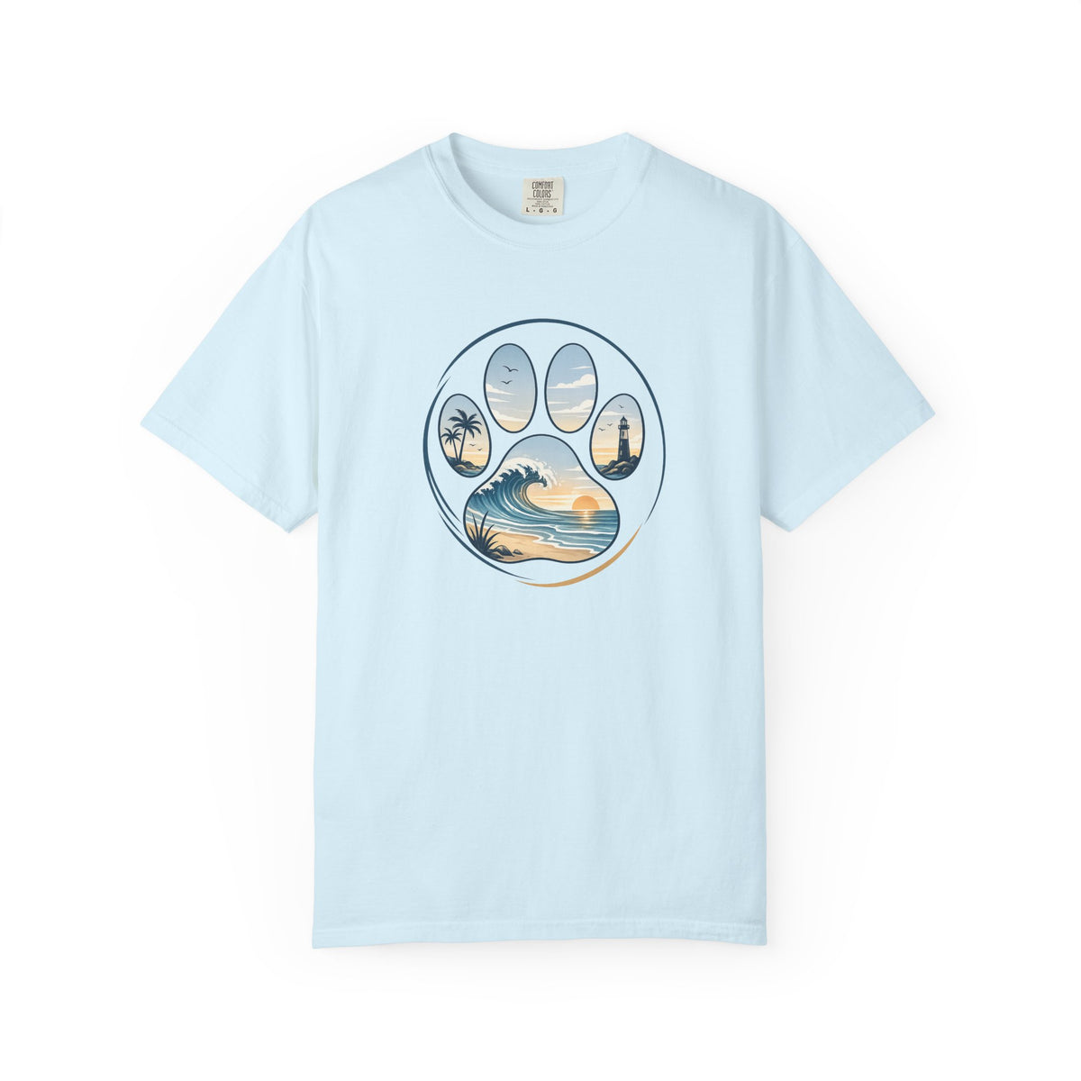 Ocean Paw Surf T-Shirt — Beach Sunset Paw Print Tee