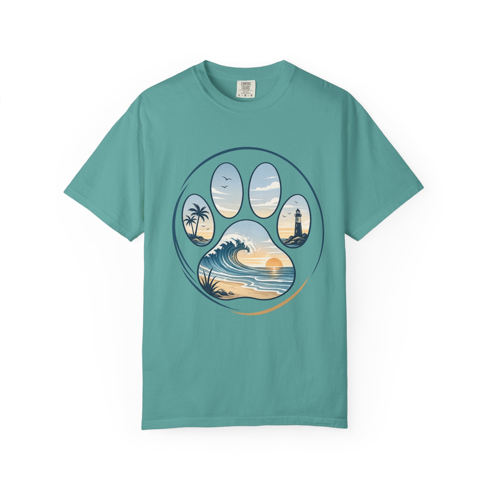 Ocean Paw Surf T-Shirt — Beach Sunset Paw Print Tee