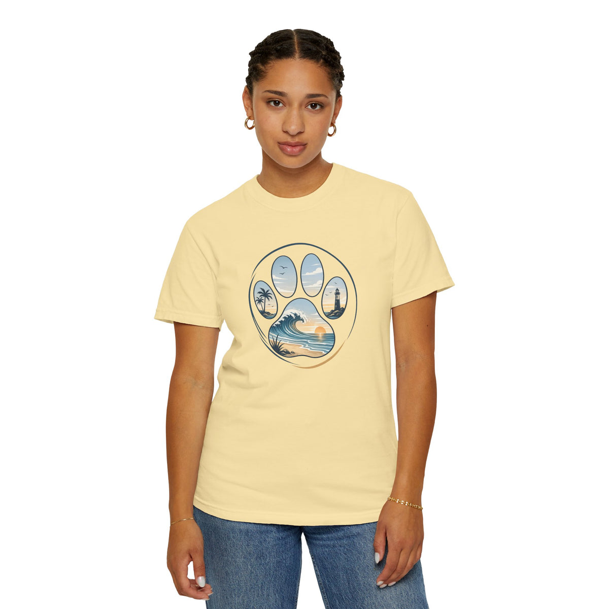 Ocean Paw Surf T-Shirt — Beach Sunset Paw Print Tee