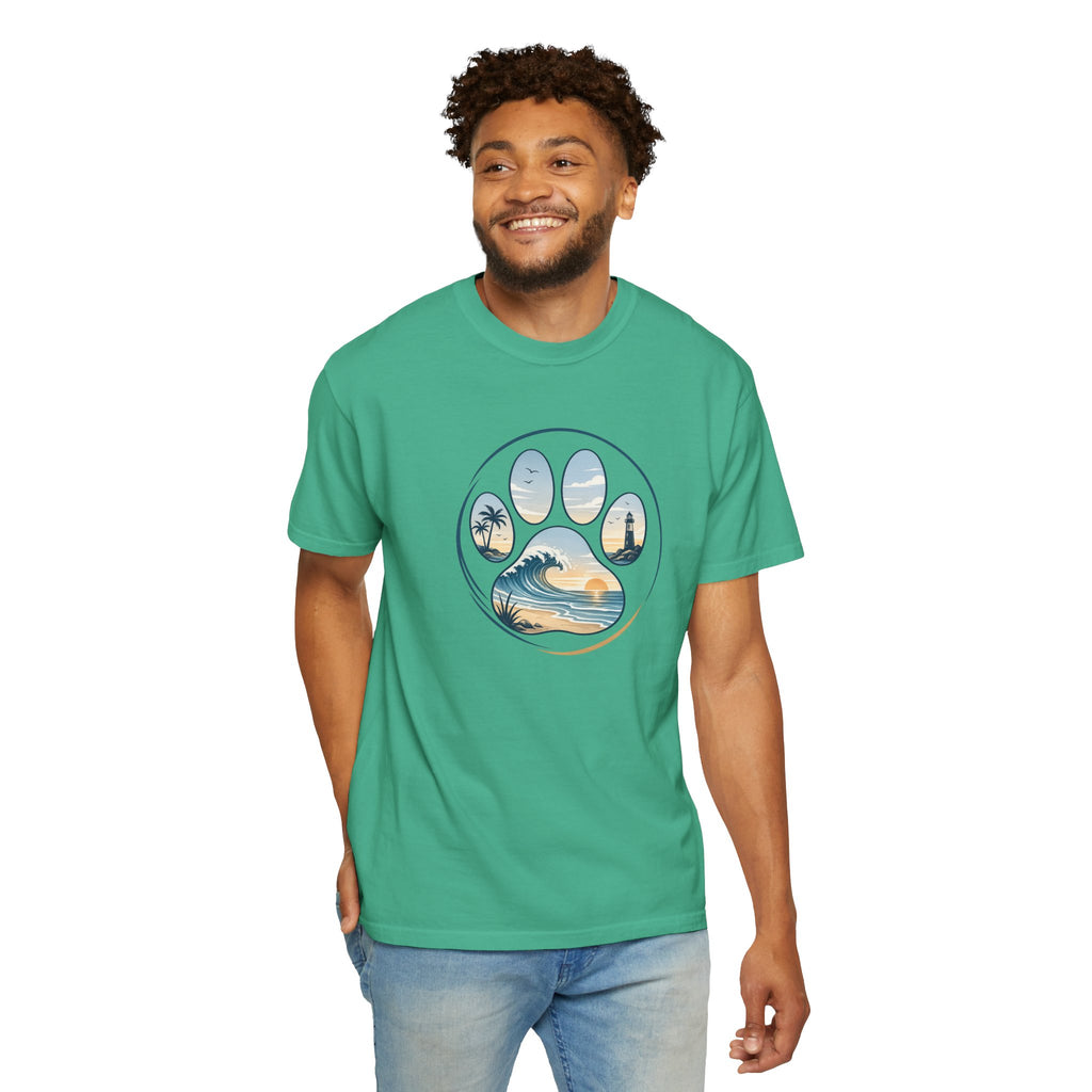 Ocean Paw Surf T-Shirt — Beach Sunset Paw Print Tee