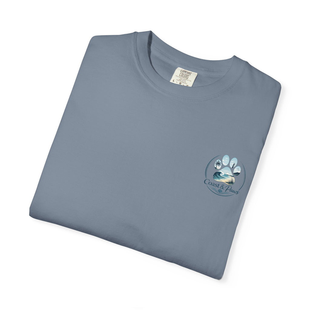 Paws Tides & Good Vibes T-Shirt | Beach Dog Paw Print Coastal Scene