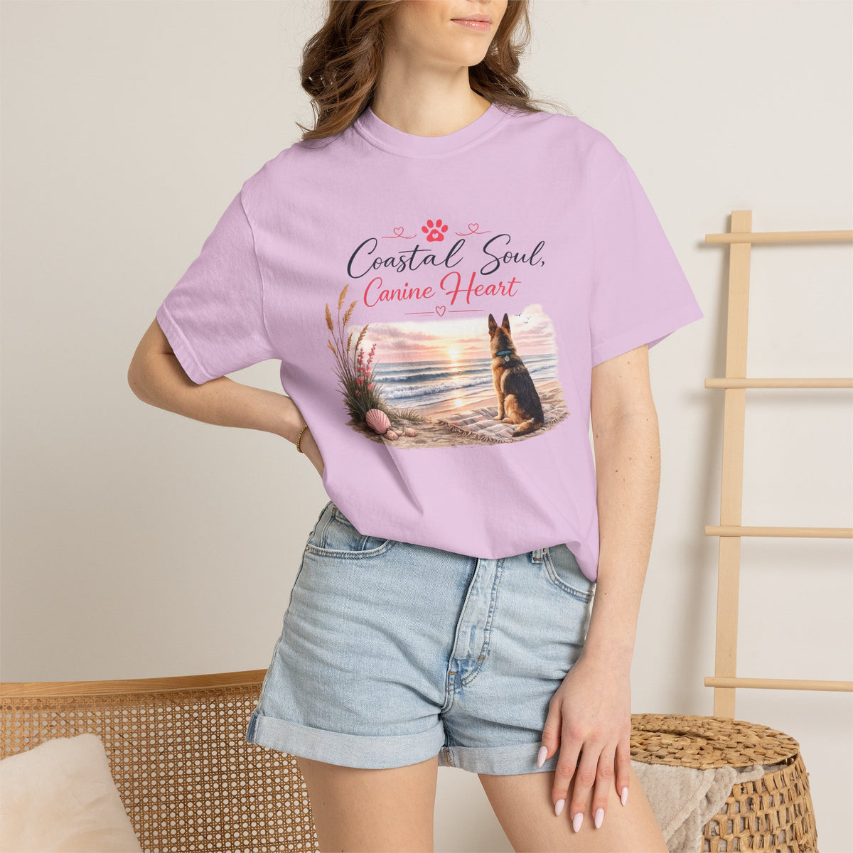 Coastal Soul Canine Heart T-shirt | Beach Dog Sunset Design