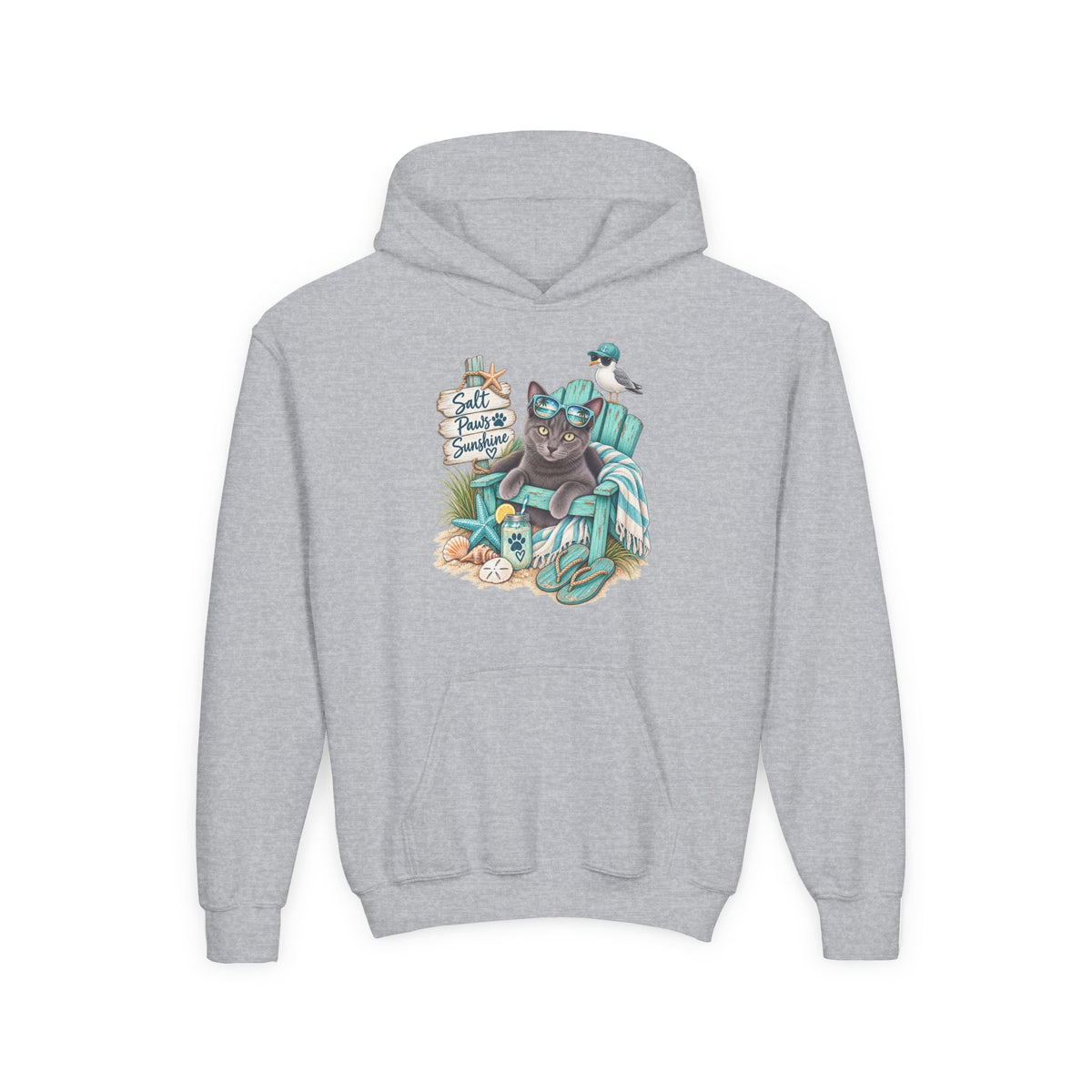 Youth Hoodie — "Sea Side Nap" Cat Beach Graphic Sweatshirt