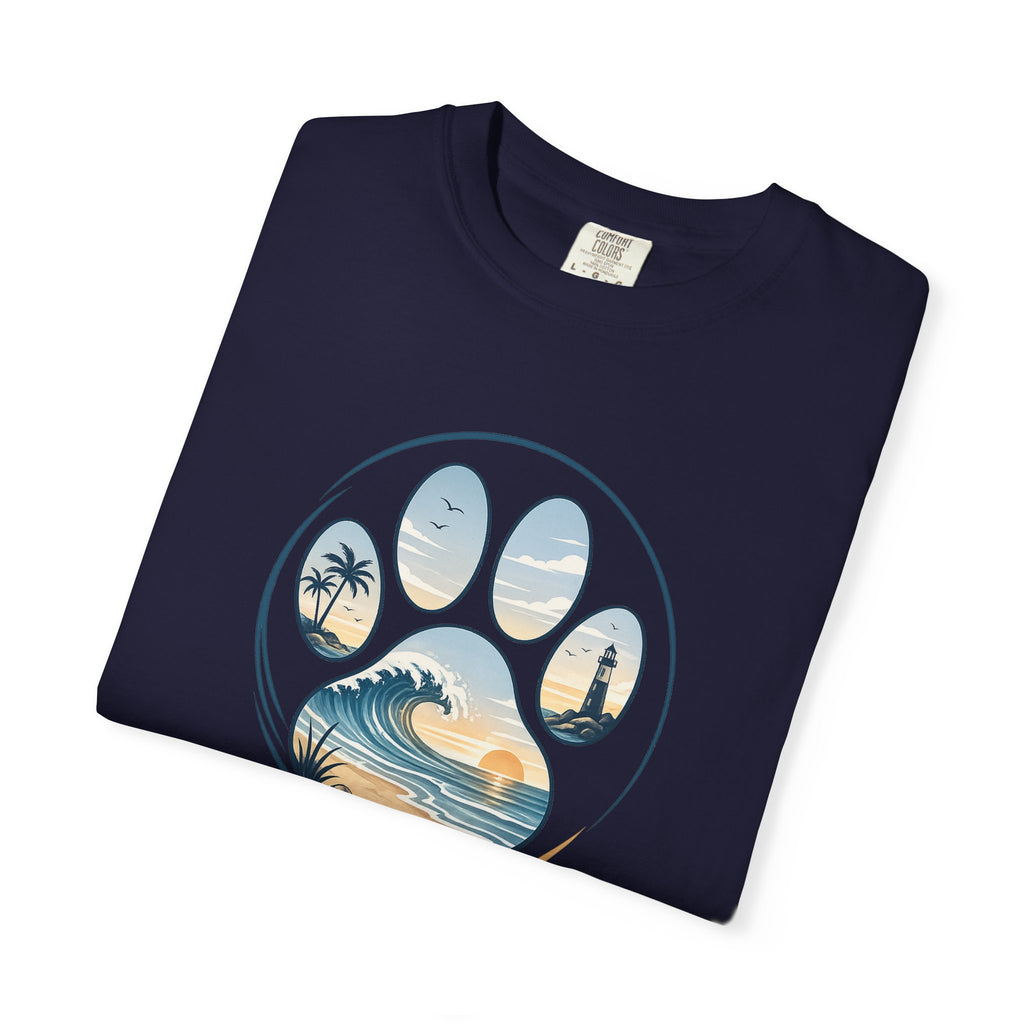 Ocean Paw Surf T-Shirt — Beach Sunset Paw Print Tee