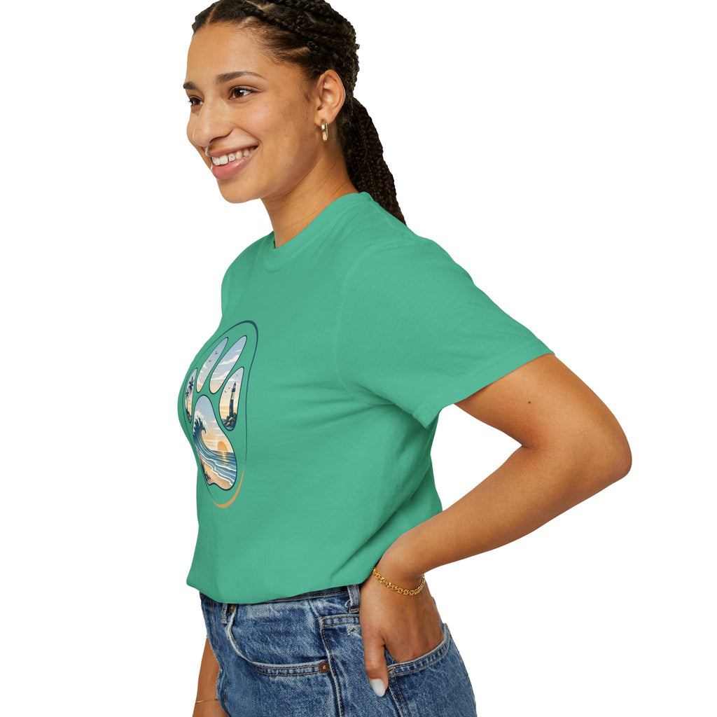 Ocean Paw Surf T-Shirt — Beach Sunset Paw Print Tee