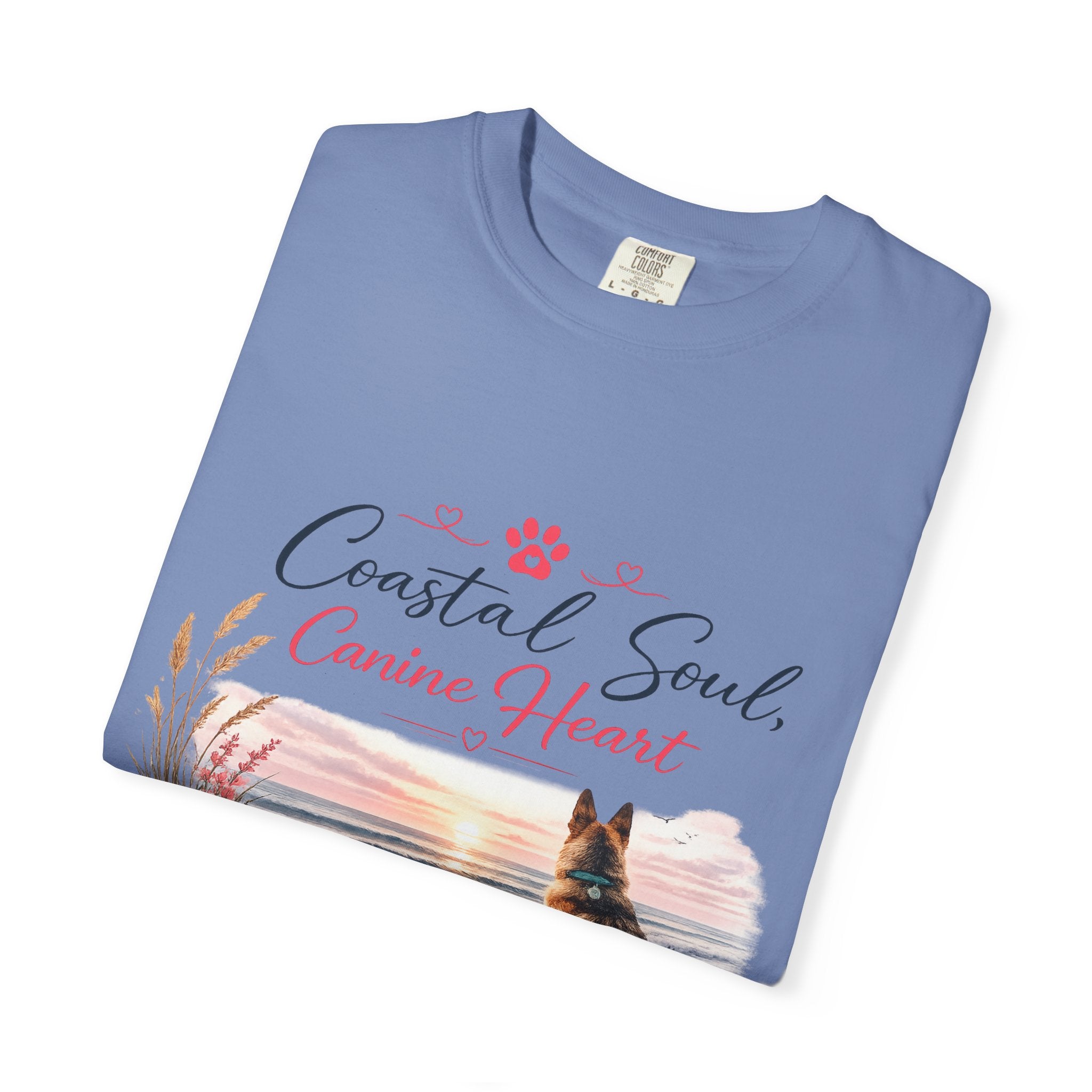 Coastal Soul Canine Heart T-shirt | Beach Dog Sunset Design