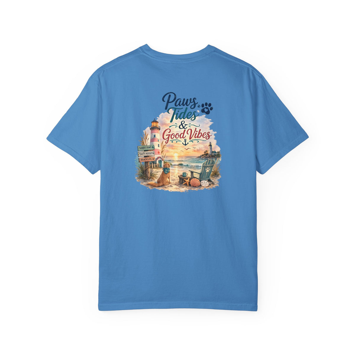 Paws Tides & Good Vibes T-Shirt | Beach Dog Paw Print Coastal Scene
