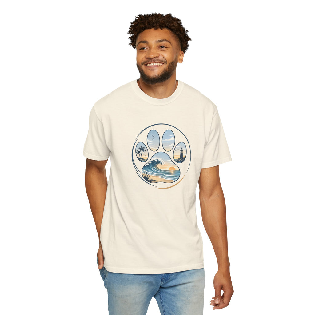 Ocean Paw Surf T-Shirt — Beach Sunset Paw Print Tee