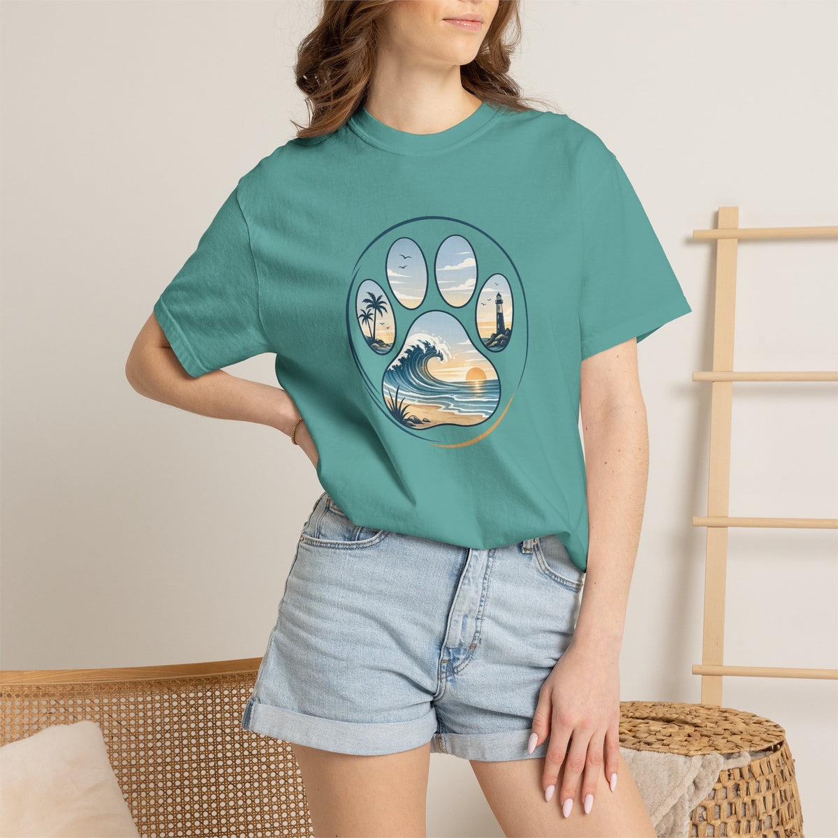 Ocean Paw Surf T-Shirt — Beach Sunset Paw Print Tee