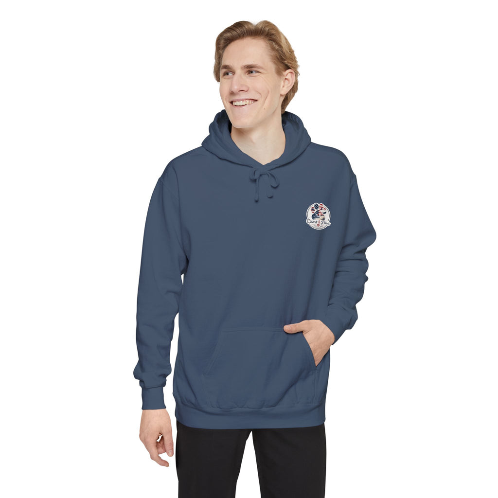 Patriotic Signature Coast & Paws Hoodie — Small Left-Chest Graphic, Cozy Casual Pullover