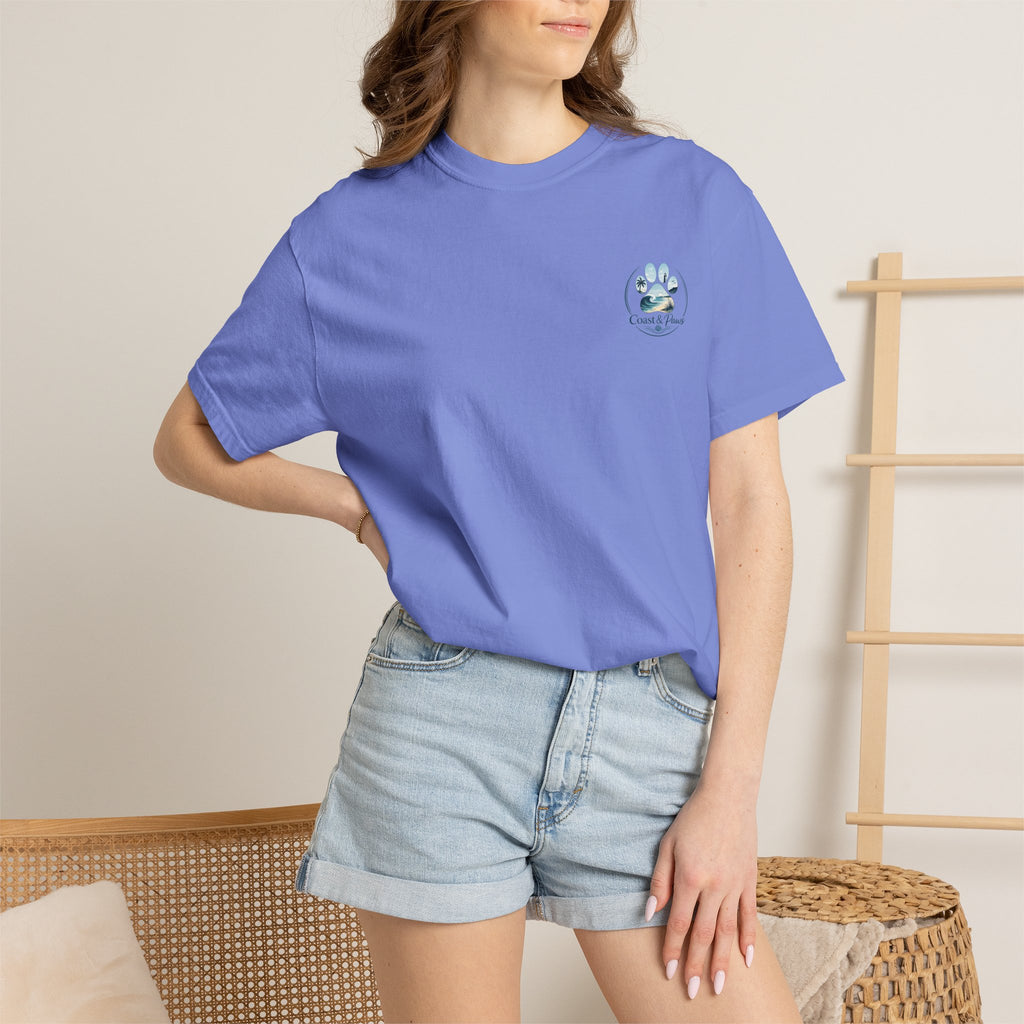 Paws Tides & Good Vibes T-Shirt | Beach Dog Paw Print Coastal Scene