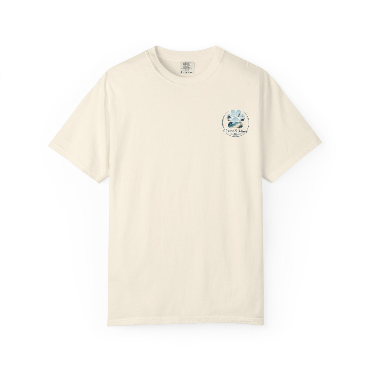 Paws Tides & Good Vibes T-Shirt | Beach Dog Paw Print Coastal Scene