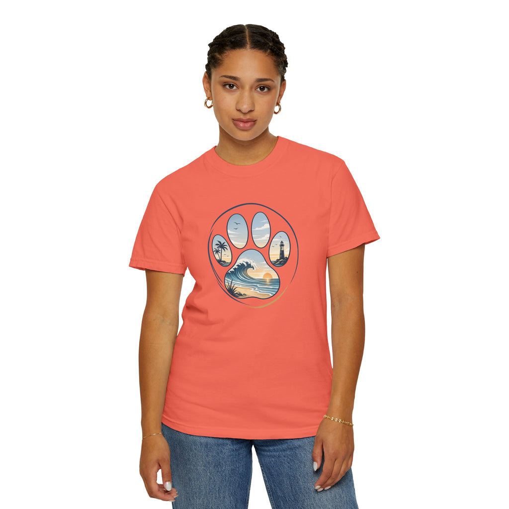 Ocean Paw Surf T-Shirt — Beach Sunset Paw Print Tee