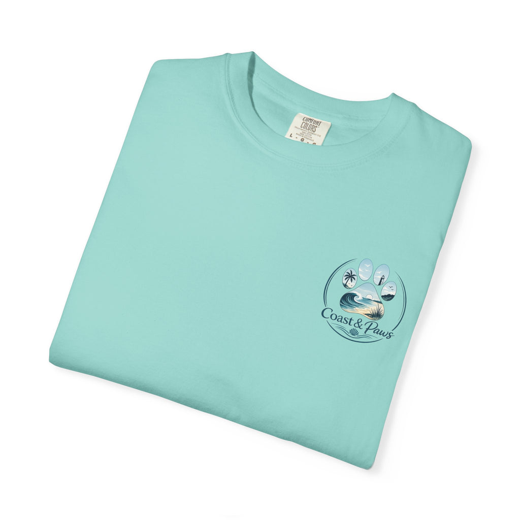 Paws Tides & Good Vibes T-Shirt | Beach Dog Paw Print Coastal Scene