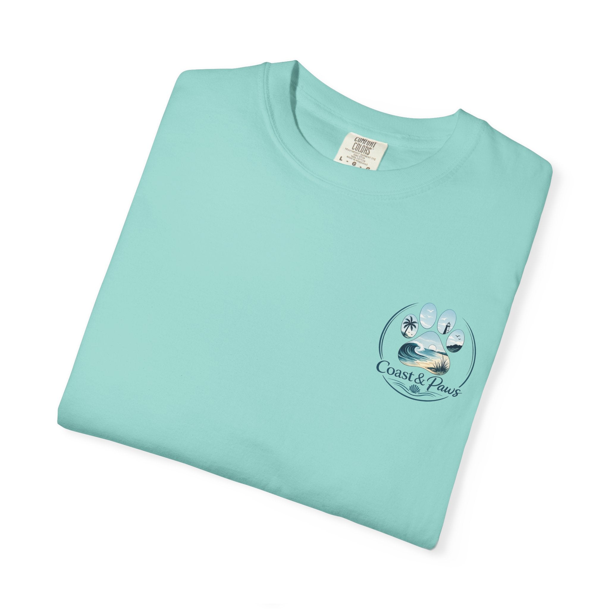 Paws Tides & Good Vibes T-Shirt | Beach Dog Paw Print Coastal Scene