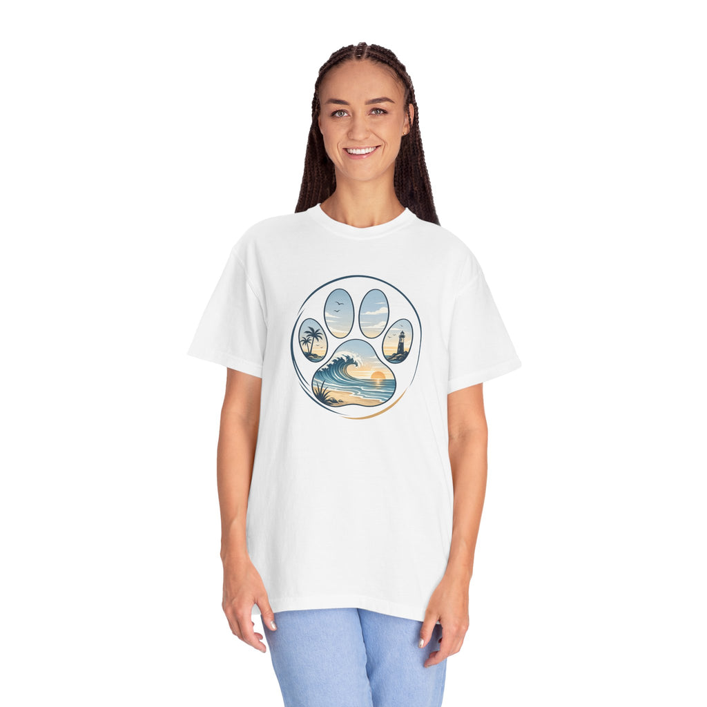 Ocean Paw Surf T-Shirt — Beach Sunset Paw Print Tee