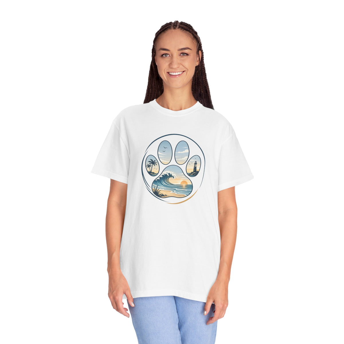 Ocean Paw Surf T-Shirt — Beach Sunset Paw Print Tee