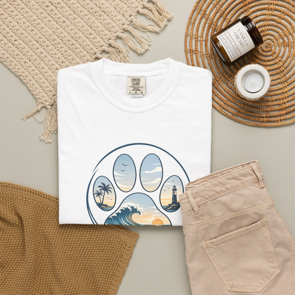 Ocean Paw Surf T-Shirt — Beach Sunset Paw Print Tee