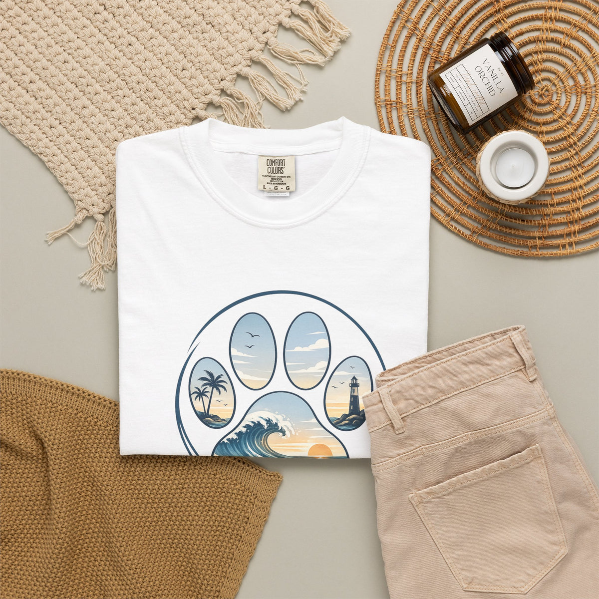 Ocean Paw Surf T-Shirt — Beach Sunset Paw Print Tee
