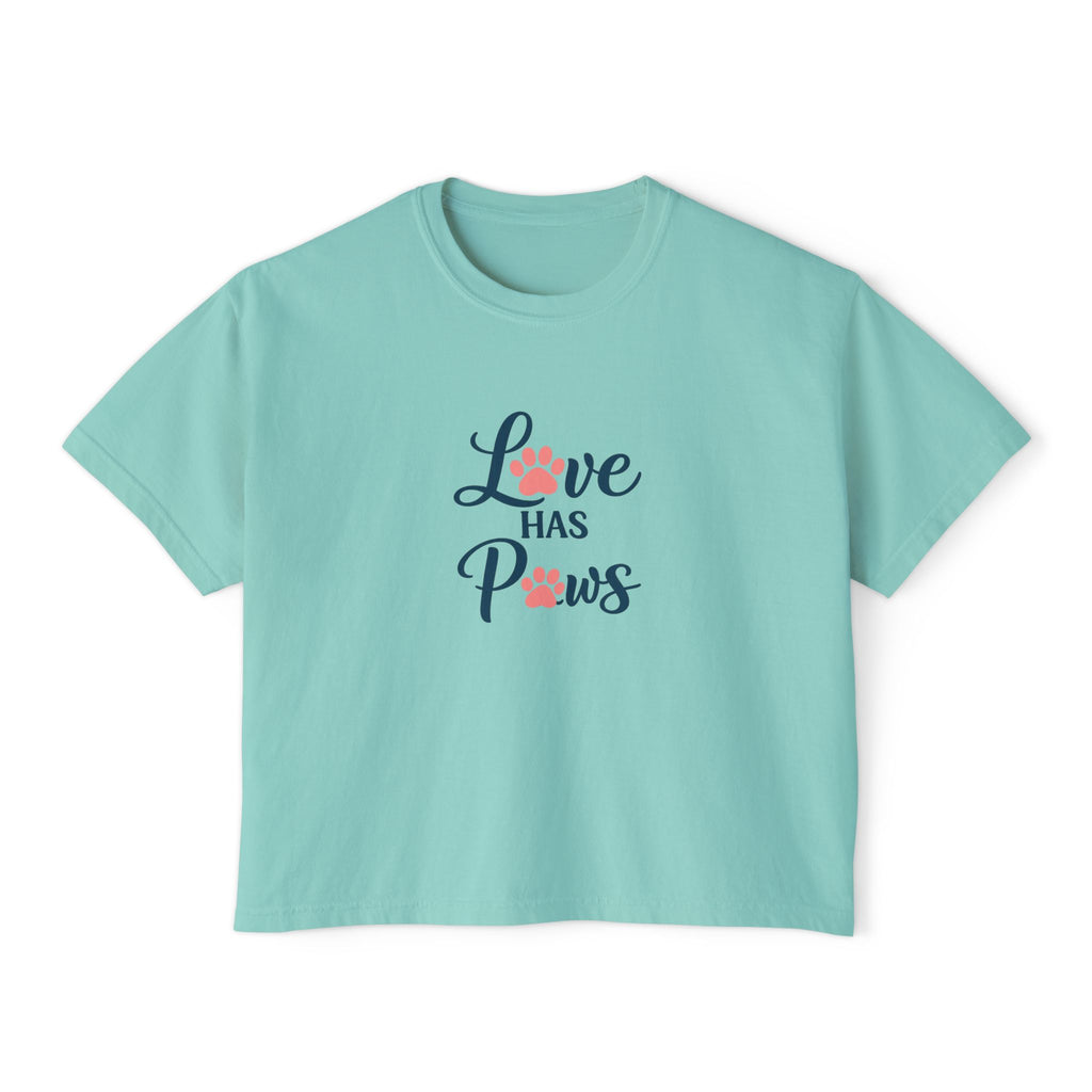 Love Has Paws Boxy Tee — Women’s Cute Cat & Dog Paw Comfort Colors Graphic Shirt