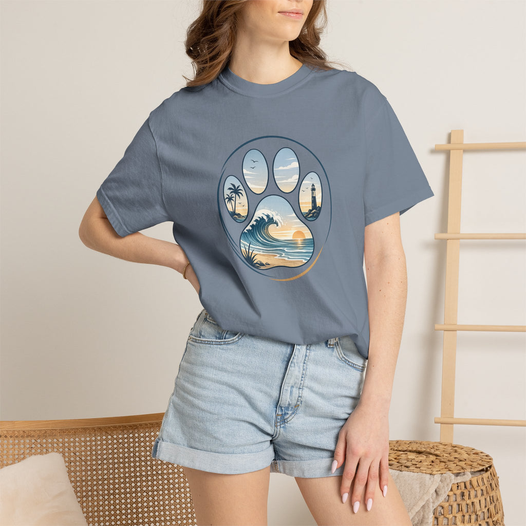 Ocean Paw Surf T-Shirt — Beach Sunset Paw Print Tee
