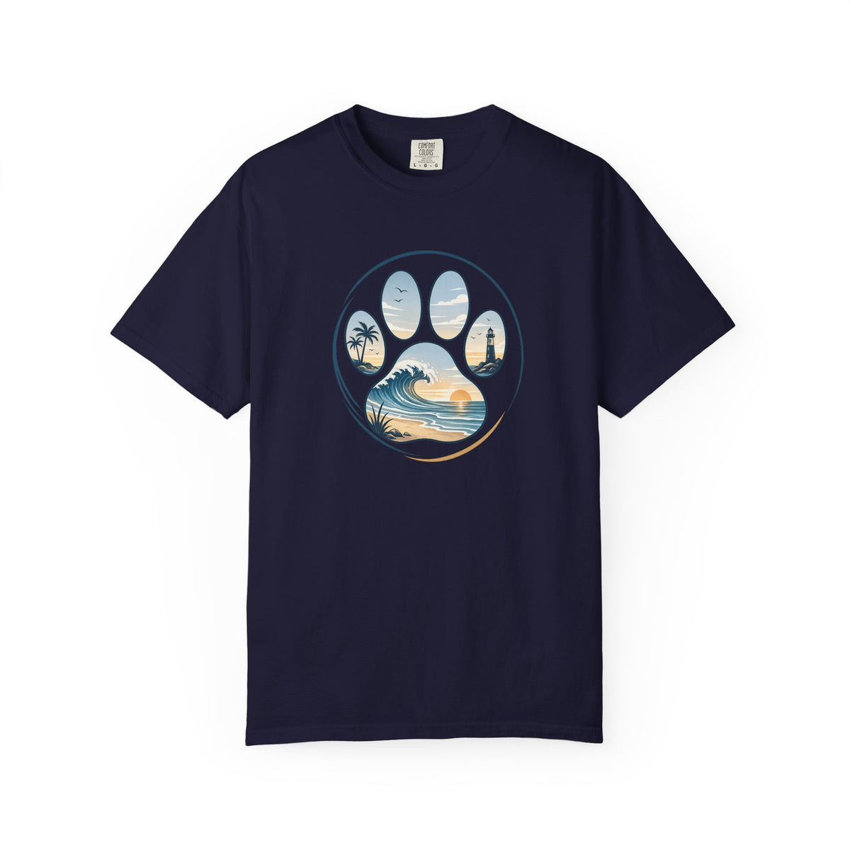 Ocean Paw Surf T-Shirt — Beach Sunset Paw Print Tee